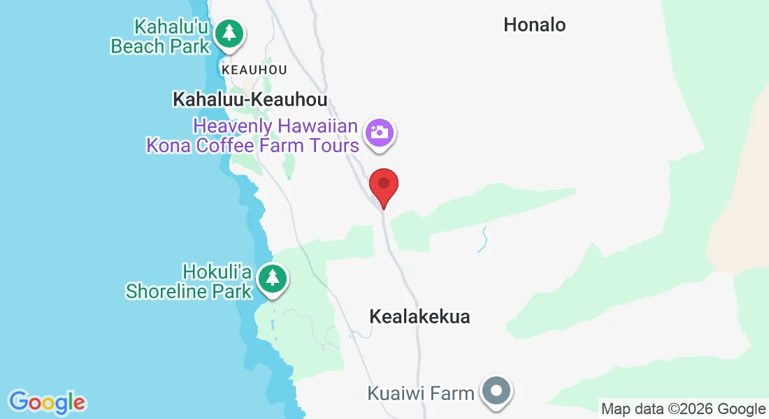 Map showing the Midnight Tint Kona shop location in Holualoa above Kailua-Kona on the Big Island of Hawaii